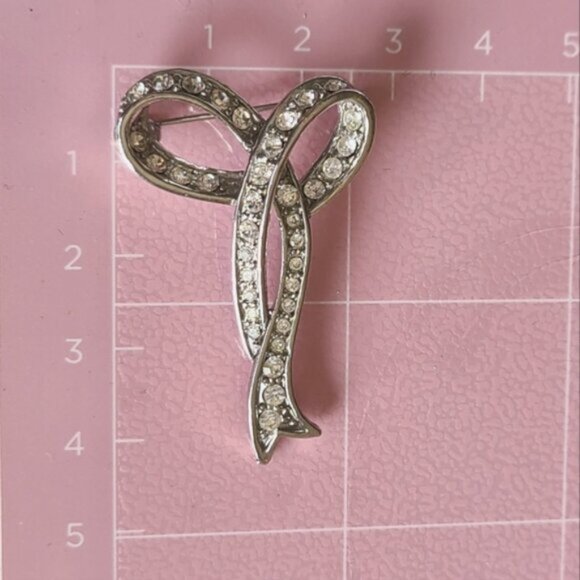 Vintage Retro Rhinestone Crystal Sterling Silver Bow Grandma Coquette Brooch Pin - Picture 3 of 6